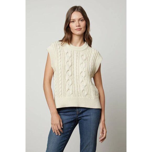 Velvet by Graham & Spencer Hadden Sweater Vest Sz L Flax Pima Cotton Cable Knit‎ - Picture 1 of 8
